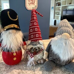 Festive Gnome Trio: Toy Solider, Winter Gnome, and Winter Owl. Sold as set